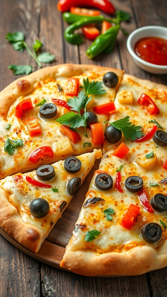 Garlic Bread Veggie Pizza Recipe Garlic bread veggie pizza with melted cheese and colorful vegetables on a rustic table.